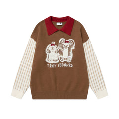 Contrast Collar Striped Splice Dog Graphic Knit Sweater