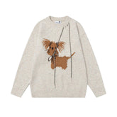 Speckled Yarn Dog Motif Drawstring Detail Crewneck Sweater
