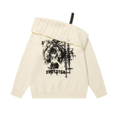 Off‑Shoulder Distressed Knit Sweater Gothic Girl Back Print