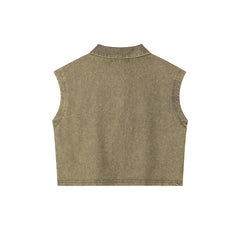 Washed Raw Edge Patch Polo Sleeveless Crop Top