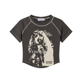 Vintage Portrait Print Contrast Stitch Raglan Crop Tee