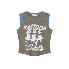 Distorted Figure Print Denim Trim Raglan Tank Top