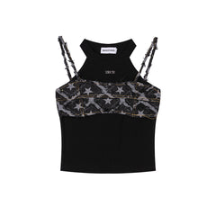 Star Denim Fringe Layered Halter Cami Top
