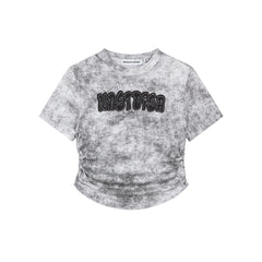 Wash‑Dye Embroidered Ruched Curved Hem Tee