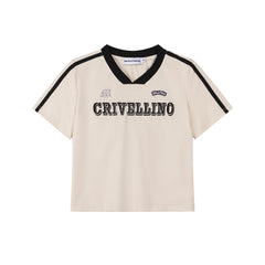 Contrast Trim V‑Neck Varsity Embroidered Tee