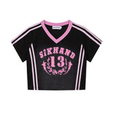 SIKHANG V‑Neck Varsity 13 Print Striped Crop Jersey Tee