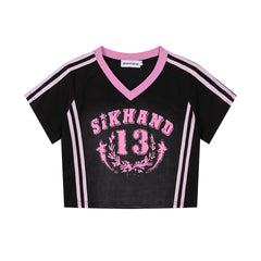 SIKHANG V‑Neck Varsity 13 Print Striped Crop Jersey Tee