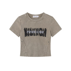 Worn Print Eyelet Panel Fitted Cropped Tee