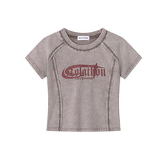 Washed Contrast Stitch Gothic Font Fitted Crop Tee