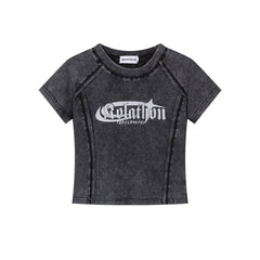 Washed Contrast Stitch Gothic Font Fitted Crop Tee