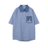 Colorful Plaid Cartoon Dog Embroidery Short Sleeve Shirt