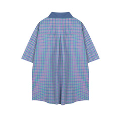 Colorful Plaid Cartoon Dog Embroidery Short Sleeve Shirt