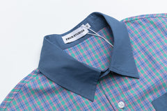 Colorful Plaid Cartoon Dog Embroidery Short Sleeve Shirt