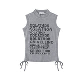 Wash Effect Stacked Text Draw‑string Mock Neck Tank