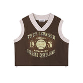 Contrast V‑Neck Vintage Baseball Print Cropped Vest