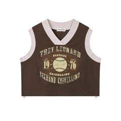 Contrast V‑Neck Vintage Baseball Print Cropped Vest