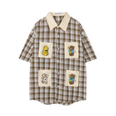 Contrast Collar Plaid Shirt Bear Patch Pockets