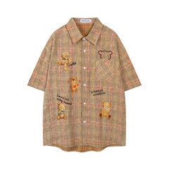 Vintage Washed Plaid Bear Print Short Sleeve Shirt