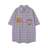 Purple Green Plaid Cartoon Embroidery Shirt