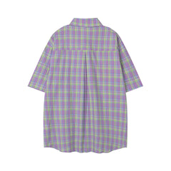 Purple Green Plaid Cartoon Embroidery Shirt
