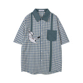 Contrast Panel Cat Embroidery Short Sleeve Plaid Shirt