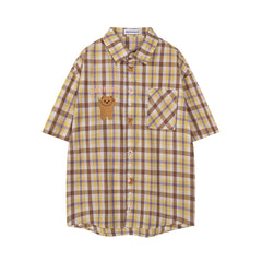Vintage Plaid Bear Embroidery Short Sleeve Shirt