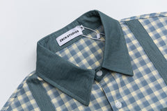 Contrast Panel Cat Embroidery Short Sleeve Plaid Shirt