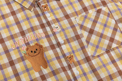Vintage Plaid Bear Embroidery Short Sleeve Shirt