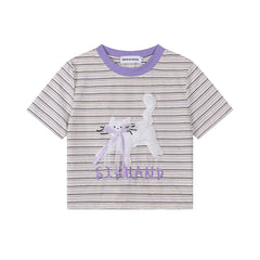 Striped Cropped Tee Cat Applique Ribbon Detail