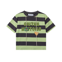 Stripe Towel Embroidery Drawstring Tee, Cropped & Oversized Fit