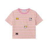 Pastel Stripe Cropped Tee Cat Embroidery