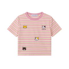 Pastel Stripe Cropped Tee Cat Embroidery