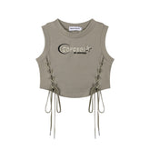 Moon Star Embroidery Side Lace‑Up Cropped Tank Top