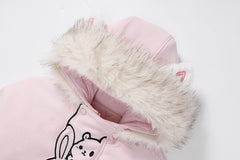 3D Cat Ear Hooded Coat Stacked Animal Embroidery Faux Fur Trim