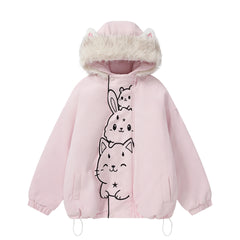 3D Cat Ear Hooded Coat Stacked Animal Embroidery Faux Fur Trim