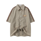 Gingham Patch Drawstring Hem Short Sleeve Shirt