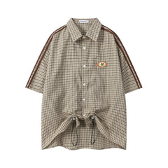 Gingham Patch Drawstring Hem Short Sleeve Shirt