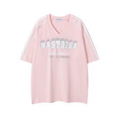 Lace Panel Side Stripe Spray Print V‑Neck Tee