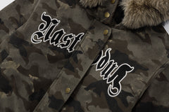 Detachable Fur Collar Camo Bomber Jacket Gothic Letter Embroidery