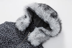 Detachable Fur Trim Grey Leopard Cropped Hooded Jacket