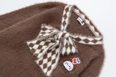Fuzzy V‑Neck Checkered Bow Scarf Cartoon Patch Knit Sweater