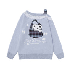 Off‑Shoulder Fuzzy Sweater Lace Trim Bear Bag Graphic