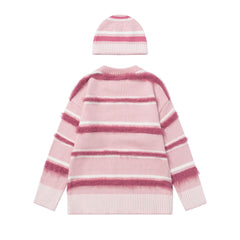 Fuzzy Stripe Knit Sweater Beanie Matching Set