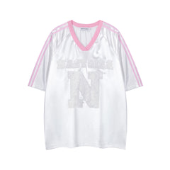 Satin Lace Patch V‑Neck Striped Jersey Top