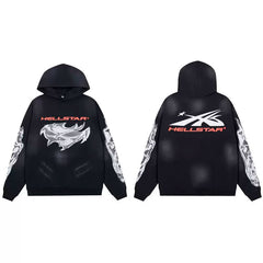 Hellstar Abstract Art Graphic Black Hoodie Edgy Street Style Pullover Hooded Sweatshirt