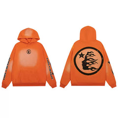 Hellstar Bright Orange Circular Face Logo Pullover Hoodie Trendy Streetwear Hooded Top