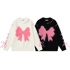 Fuzzy Bow Stitch‑Up Lace‑Up Crewneck Sweater