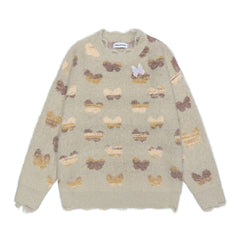 Butterfly Jacquard Distressed Fuzzy Crewneck Sweater