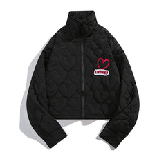 Heart Quilted Cropped Puffer Jacket Heart Embroidery