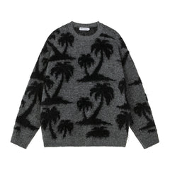 Fuzzy Palm Tree Jacquard Knit Sweater